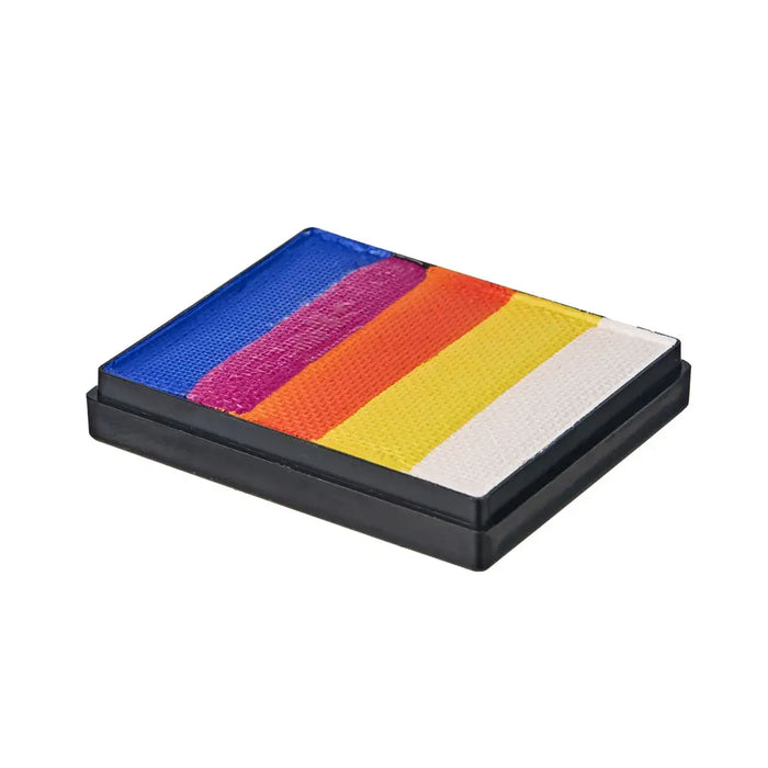 Global Colours Hawaiian Sunset 50g split cake face paint with blue, magenta, orange, yellow and white colour bands