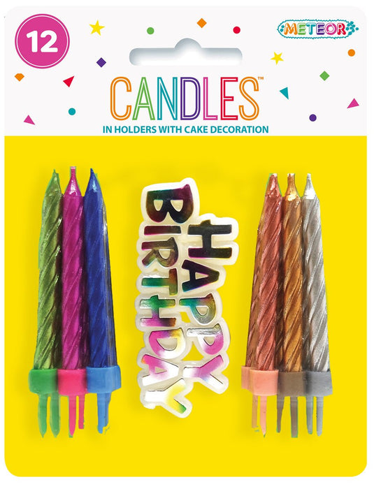 Metallic Assorted Birthday Candles with Holders & Happy Birthday Decoration 12 Pack