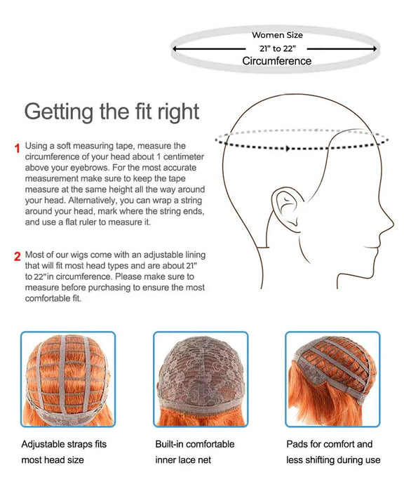 Adult wig fit guide showing how to measure head circumference and adjustable cap construction, approximately 21–22 inches