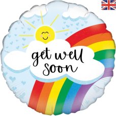 18-inch round foil balloon with a rainbow, smiling sun, clouds and Get Well Soon script