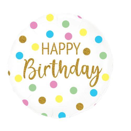 18 inch round holographic Happy Birthday foil balloon with colourful dots