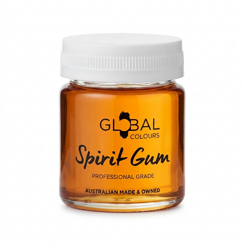 Global Colours Spirit Gum Adhesive 45ml amber bottle showing the Global Colours label