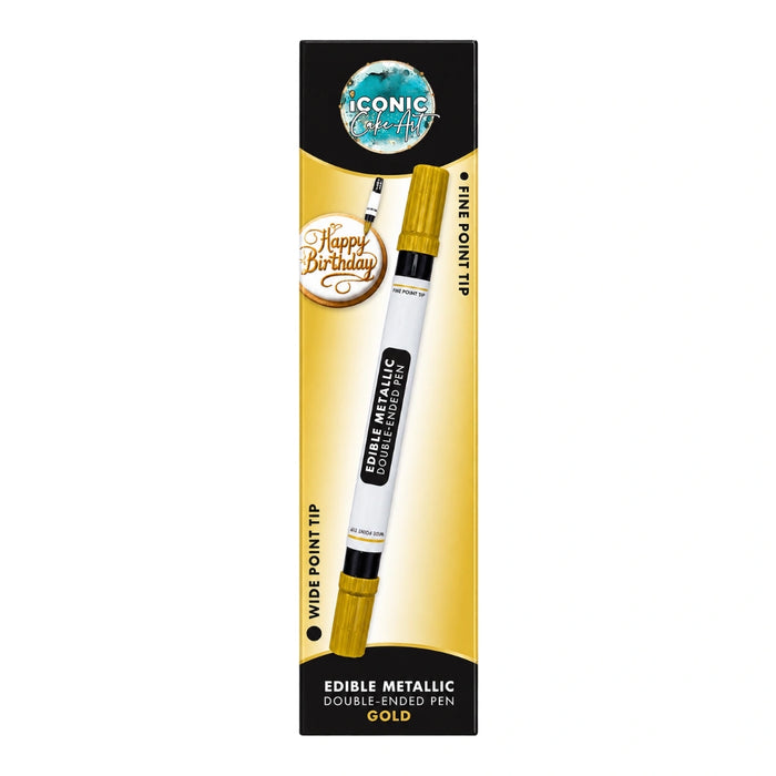 Iconic Cake Art Gold Edible Metallic Double Ended Pen in packaging, fine point and wide point tips