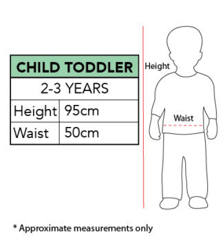 Rubies toddler size chart for 2–3 years: height 95 cm and waist 50 cm