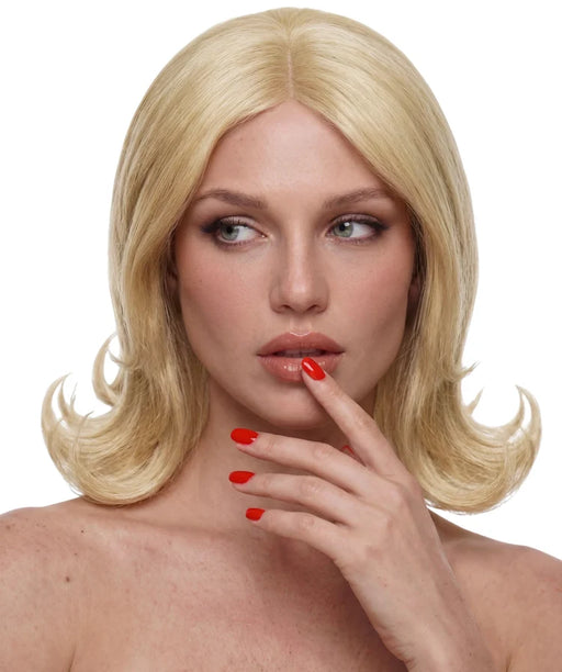 VIVA Scarlet blonde medium-length wig with a centre part, soft waves and flicked ends