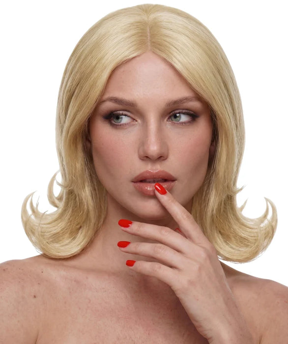 VIVA Scarlet blonde medium-length wig with a centre part, soft waves and flicked ends
