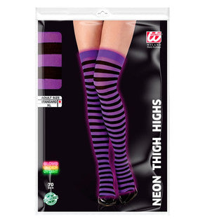 Neon Purple & Black Striped Thigh-High Socks 70 Den