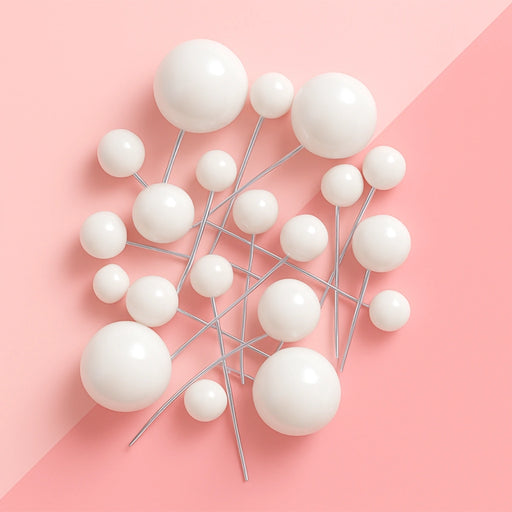 Assorted white ball cake toppers on slender picks against a pink background