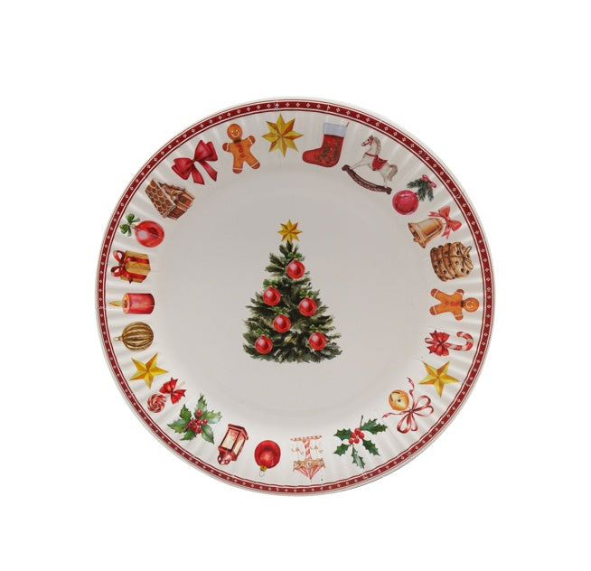 Traditional Christmas snack plate with a decorated Christmas tree in the centre and red festive border with gingerbread figures, stockings, bells and baubles