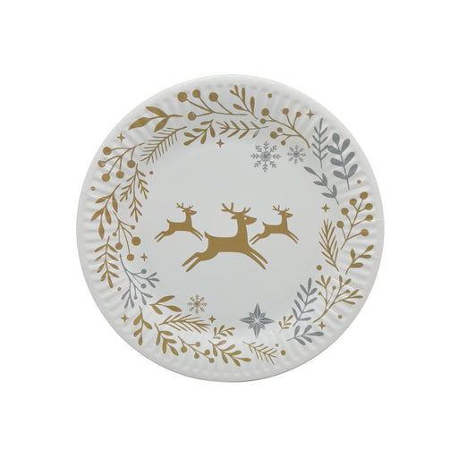 Round Christmas snack plate with three gold leaping reindeer surrounded by gold and silver foliage, stars and snowflakes