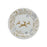 Round Christmas snack plate with three gold leaping reindeer surrounded by gold and silver foliage, stars and snowflakes