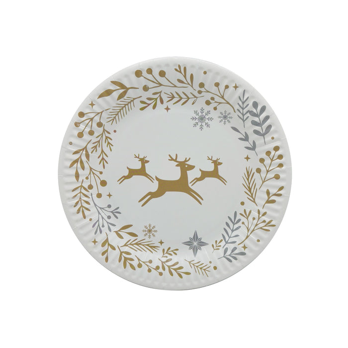 Round Christmas snack plate with three gold leaping reindeer surrounded by gold and silver foliage, stars and snowflakes