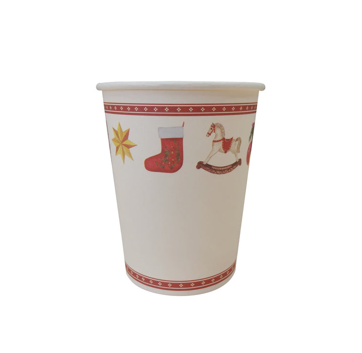 Traditional Christmas paper cup with red patterned borders, stocking, rocking horse and star design