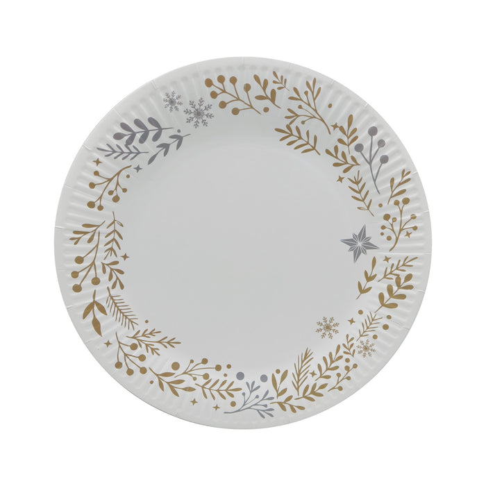 Round Christmas dinner plate with gold and silver foliage, berries, stars and snowflakes around a pale centre