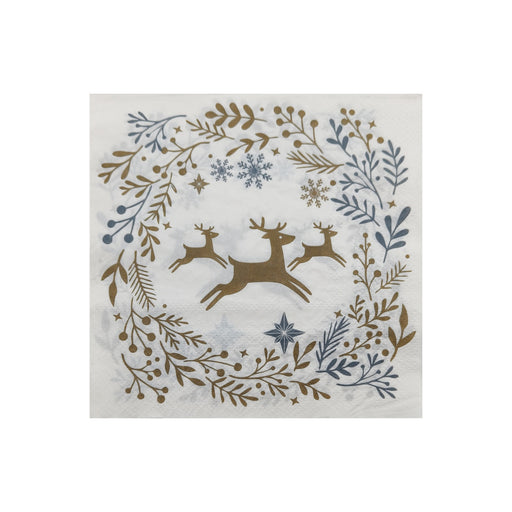 Gold and silver Christmas napkin with three leaping reindeer surrounded by foliage, stars and snowflakes