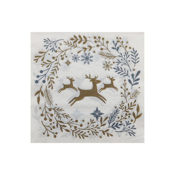 Gold and silver Christmas napkin with three leaping reindeer surrounded by foliage, stars and snowflakes