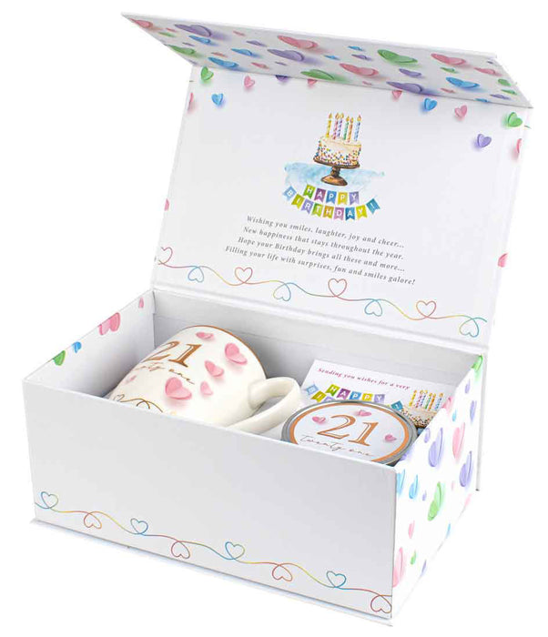 21st Gift Set Coffee Mug & Candle With Pink Hearts