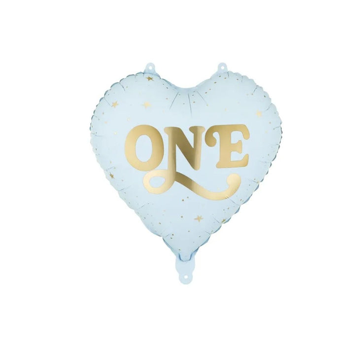 Light blue heart-shaped foil balloon with gold ONE lettering and small gold stars