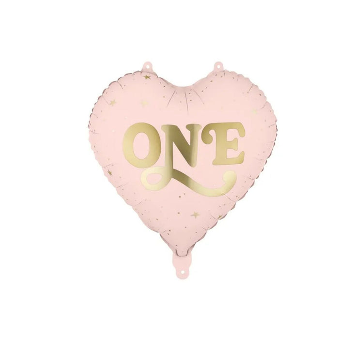Light pink heart-shaped foil balloon with gold ONE lettering and small gold stars