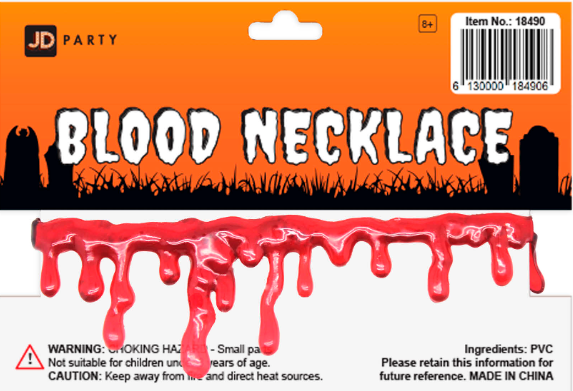 Red dripping fake blood necklace in JD Party Halloween costume accessory packaging.