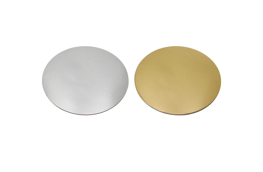 Gold and silver 200mm round FSC cake boards for cake decorating, pack of 3