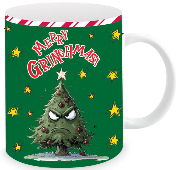 Merry Grinchmas 350ml Christmas mug with grumpy Christmas tree and colourful stars