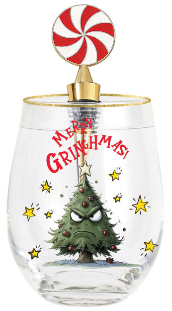 Bottoms Up 600ml stemless Christmas glass with colourful dots and a red-and-white lollipop stopper