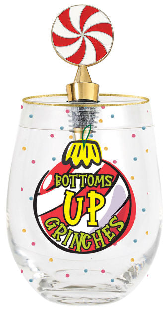 Merry Grinchmas 600ml stemless Christmas glass with festive tree design and red-and-white lollipop stopper