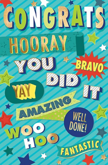 Congratulations card with Congrats, You Did It, Hooray and Well Done wording, colourful stars and banners on a turquoise striped background.