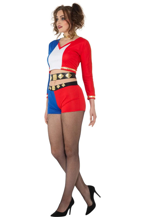 Side view of Crazy Rebel Girl costume showing gold-look trim and belt details