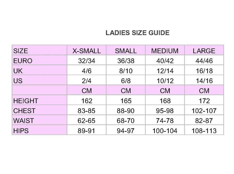 Supplier women’s size chart, Large 16–18, chest 102–107 cm, waist 82–87 cm and hips 108–113 cm