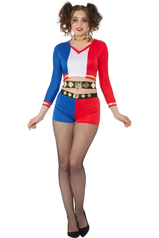 Front view of women’s Crazy Rebel Girl red-and-blue costume with cropped top, shorts, belt and choker