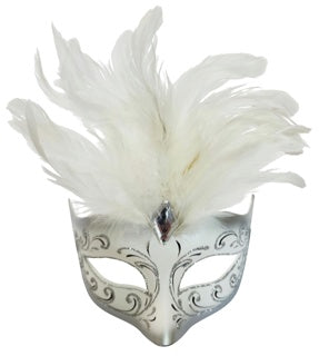 Feathered Masquerade Eye Mask Silver/White