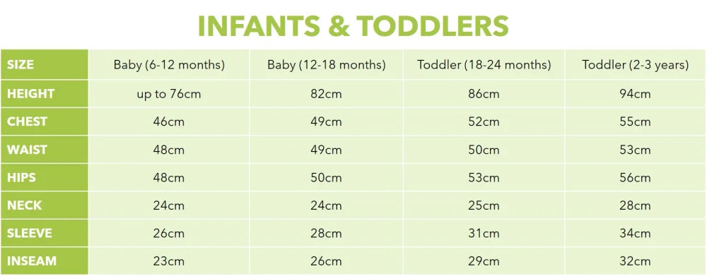“Infant and toddler costume size chart showing height, chest, waist, hips, neck, sleeve and inseam for ages 6 months–3 years.”