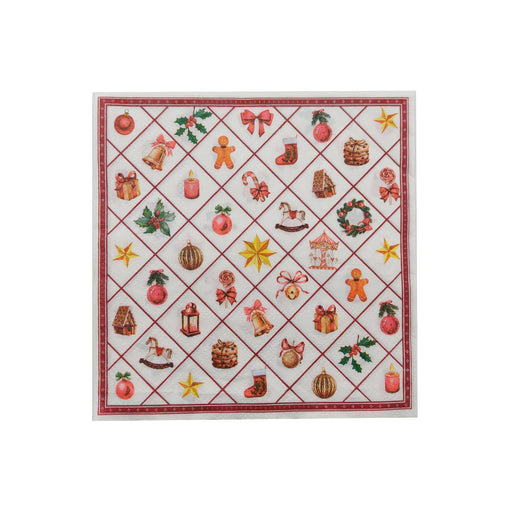 Traditional Christmas napkin with red diamond pattern, gingerbread figures, stockings, rocking horses, bells, baubles and holly