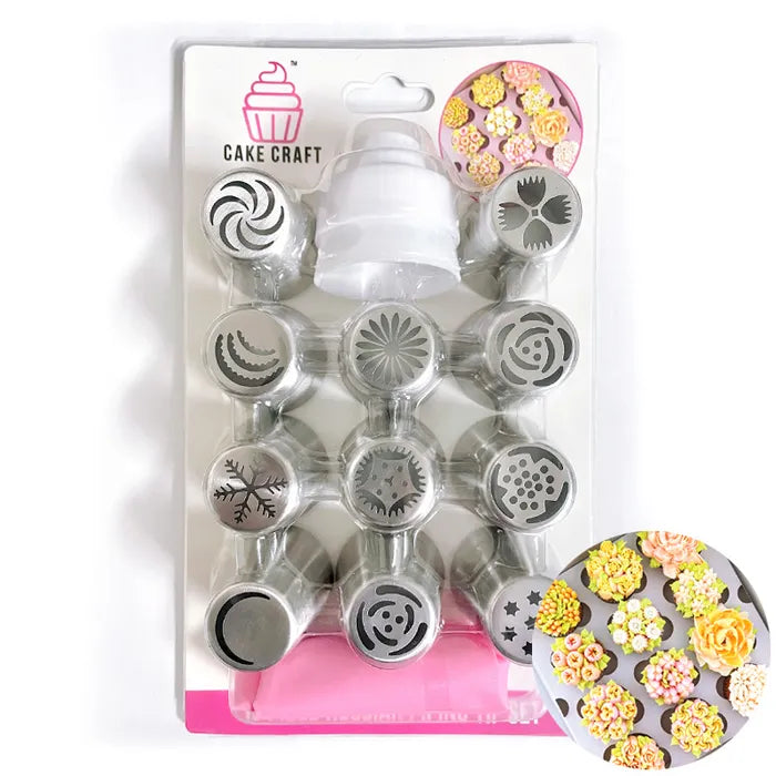 Cake Craft 13 piece Russian piping tip set with eleven tips, coupler and piping bag