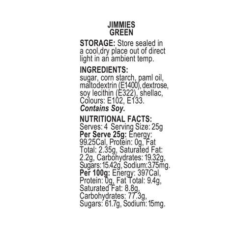 Sprink'd Green Jimmies 60g ingredients, storage and nutrition label
