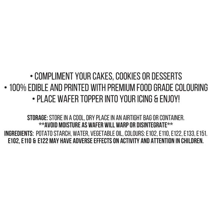 Cake Craft wafer toppers packaging with ingredients, storage instructions and colour-additive warning.