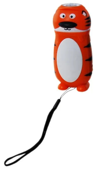 Orange and black tiger gyro torch with white belly, light on top and black wrist strap⠋