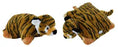 Striped tiger cushion shown in folded animal form and flat cushion form with tiger face, ears and paws