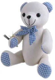White autograph bear with blue gingham ears, paw pads and a matching neck bow