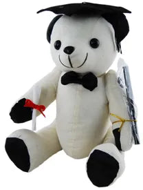 White jointed graduation autograph bear sitting with a black graduation cap, bow tie and contrasting black paws