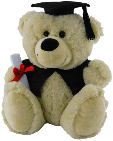 Beige graduation teddy bear wearing a black cap and vest and holding a rolled diploma tied with a red ribbon