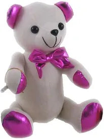 White autograph bear with shiny pink ears, paw pads and a matching pink neck bow