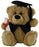 Brown graduation teddy bear wearing a black cap and vest and holding a rolled diploma tied with a red ribbon