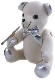 White autograph bear with shiny silver ears, paw pads and a matching silver neck bow