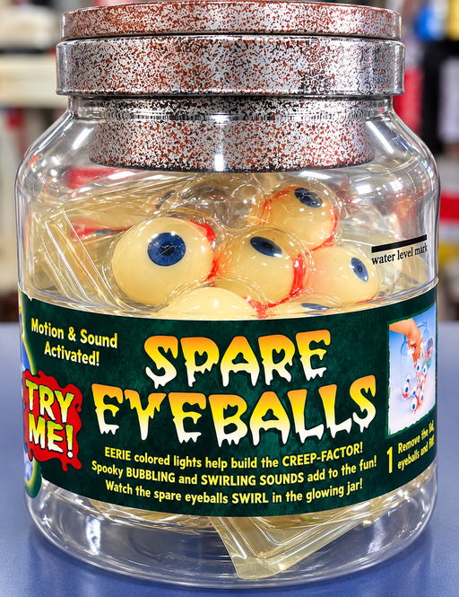 Spare Eyeballs Halloween lab jar with blue-eyed eyeballs, a distressed silver-look lid and a label advertising motion-and-sound activation, lights and swirling action.