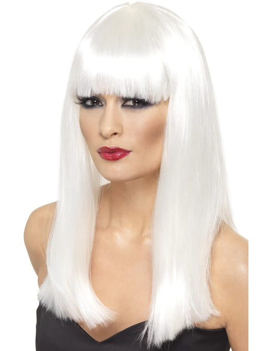 Glamourama White Wig Long, Straight with Fringe