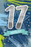 17th birthday card with a large silver-coloured number 17, turquoise Hooray banner, blue background, stars and lime accents.