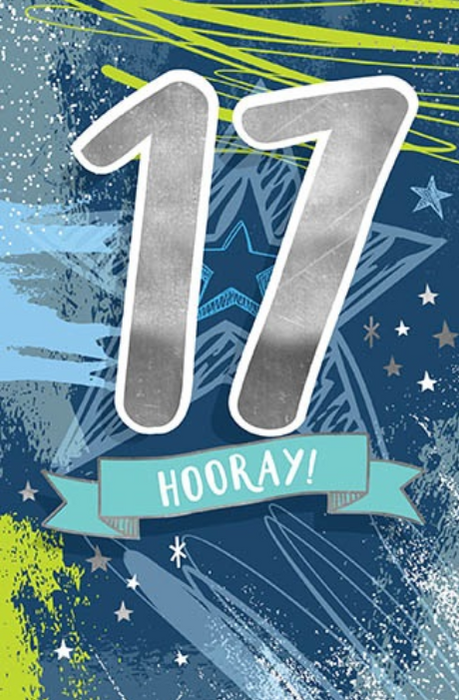 17th birthday card with a large silver-coloured number 17, turquoise Hooray banner, blue background, stars and lime accents.